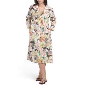 SPIGHE DI LINO Italy Linen Blend Long Sleeve Vacation Printed Shirt Dress